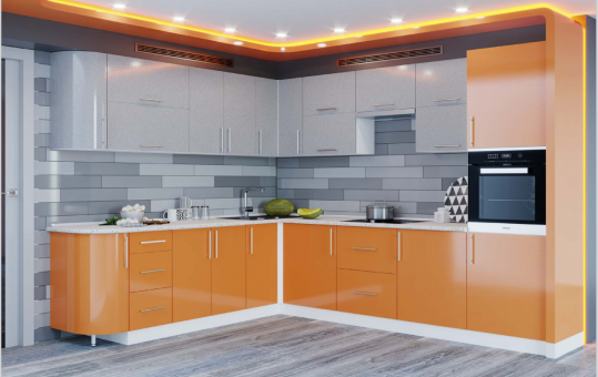 Кухня МОДЕРН 2500*2400 - серебристый металлик, оранж + белый