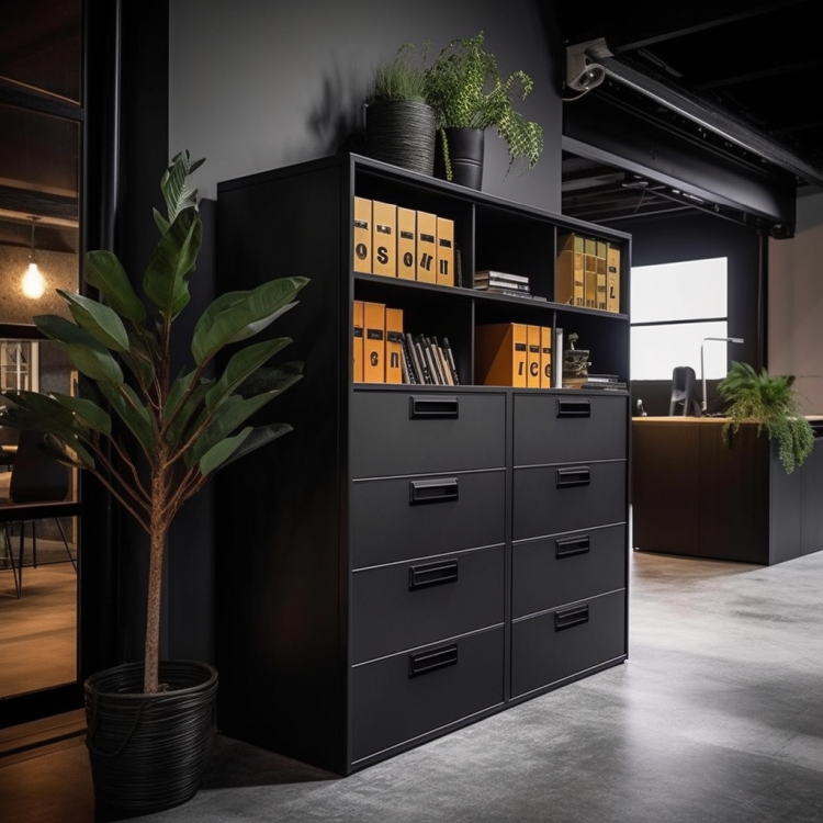 Фото стильного офісу з новим металевим шафою, показуючи використання металевих меблів у професійному середовищі